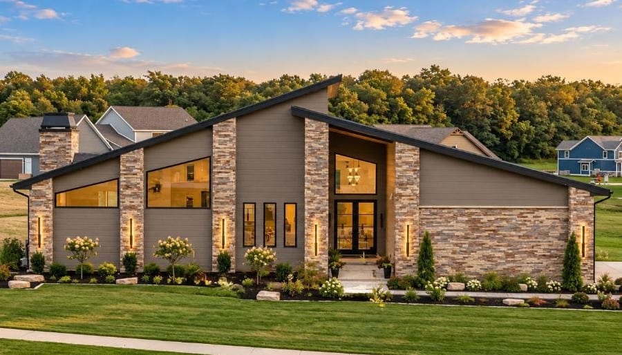 Custom home exterior at sunset